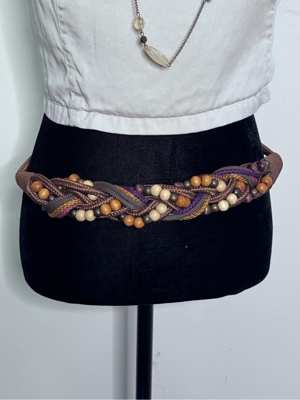 Vintage Boho Braided Beaded Stretch Waist Belt Brown Purple